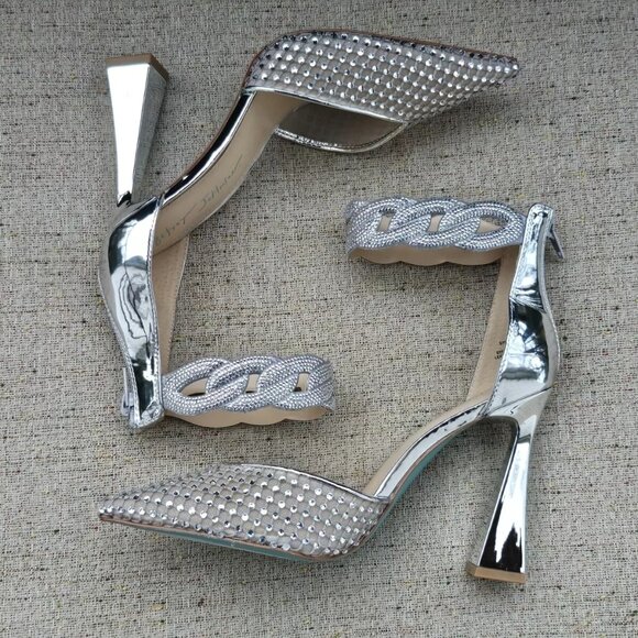 Betsey Johnson Women Heel Sandal JAD Silver RHINESTONE Bridal Shoe Size 8.5M - Picture 6 of 10